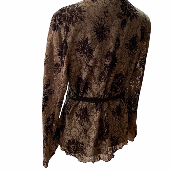 WRAP FRONT LACE LONG SLEEVE TAN BROWN DRESSY PARTY HOLIDAY TOP - Picture 3 of 8